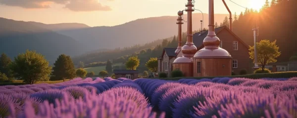 Photo réaliste d'une distillerie de lavande en Provence avec champs de lavande bleue et alambic en cuivre sous une lumière douce de fin d'après-midi, composition épurée avec espace négatif, atmosphère calmante