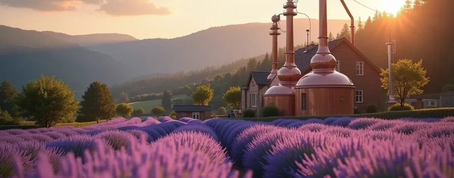 Photo réaliste d'une distillerie de lavande en Provence avec champs de lavande bleue et alambic en cuivre sous une lumière douce de fin d'après-midi, composition épurée avec espace négatif, atmosphère calmante
