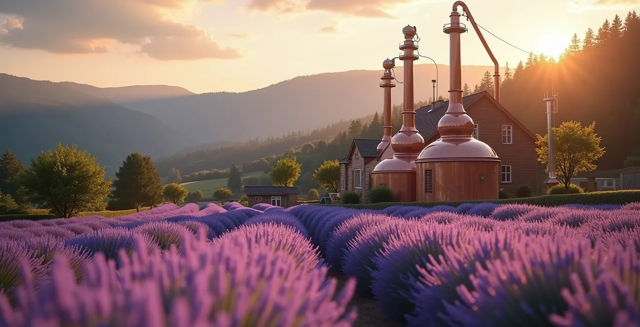 Photo réaliste d'une distillerie de lavande en Provence avec champs de lavande bleue et alambic en cuivre sous une lumière douce de fin d'après-midi, composition épurée avec espace négatif, atmosphère calmante