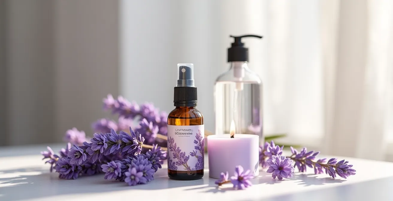 Composition photographique d'objets artisanaux à base de lavande : flacon d'huile essentielle, bougie parfumée, hydrolat dans une lumière douce et apaisante