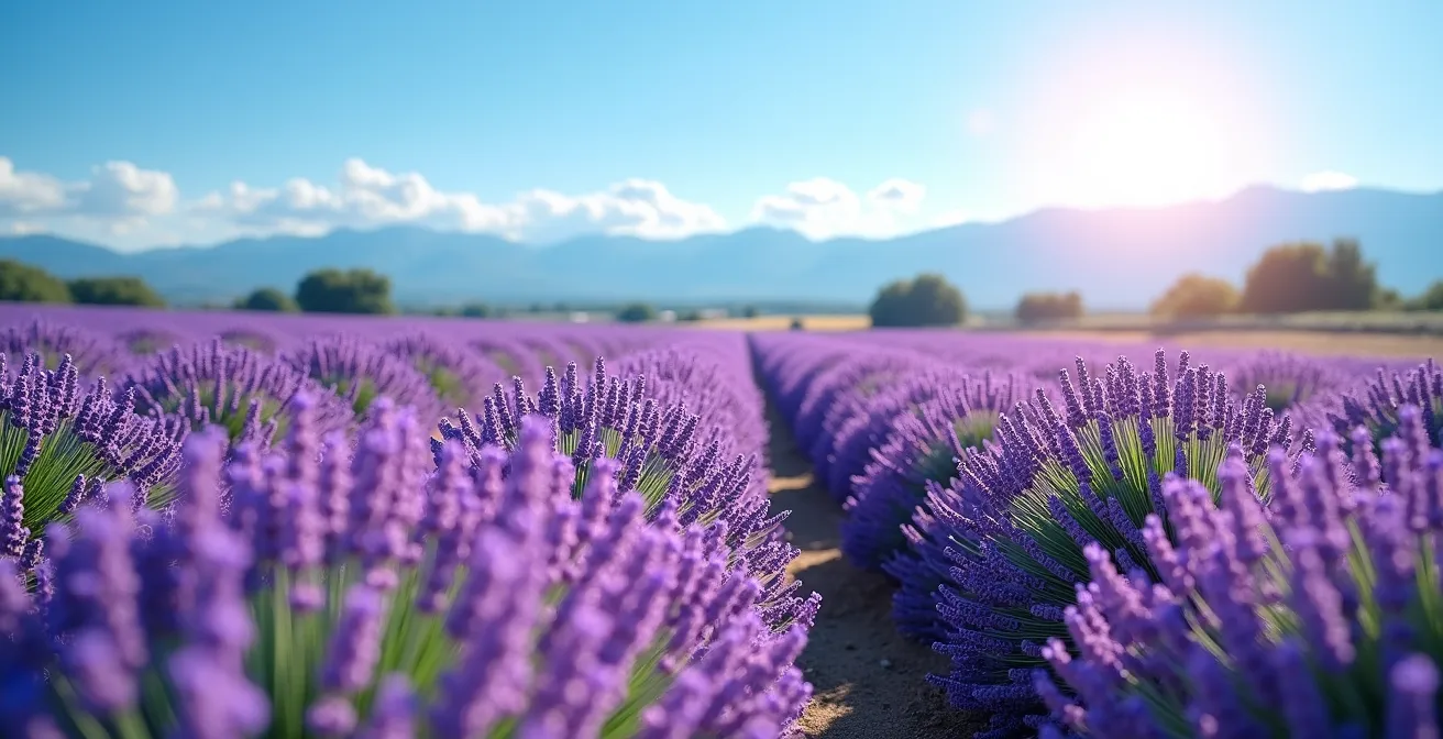 Vue panoramique sur un champ de lavande en Provence sous un ciel lumineux avec montagnes en arrière-plan, ambiance apaisante