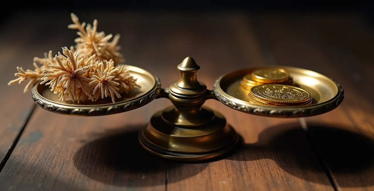 Balance ancienne en laiton équilibrant qualité et prix du CBD