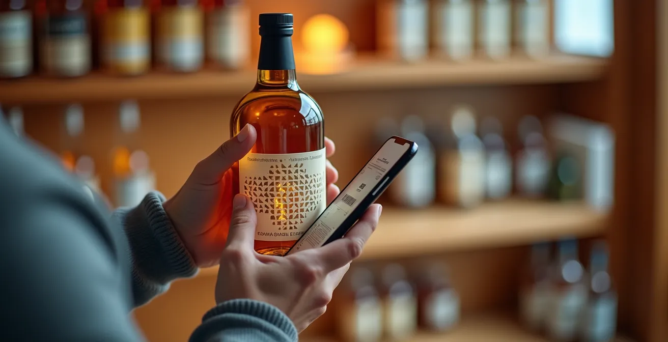 Main scannant un QR code sur un flacon de CBD avec smartphone