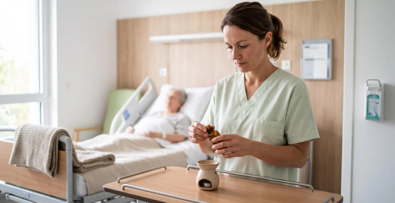 Une infirmière en blouse verte prépare un flacon d'huile essentielle et un diffuseur au chevet d'une patiente âgée dans une chambre de service hospitalier.