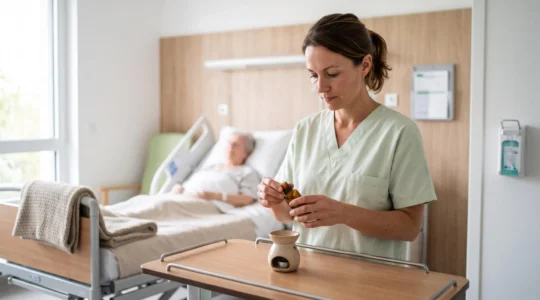 Une infirmière en blouse verte prépare un flacon d'huile essentielle et un diffuseur au chevet d'une patiente âgée dans une chambre de service hospitalier.