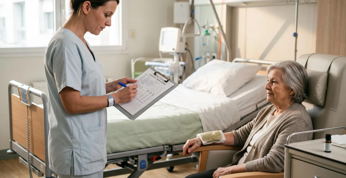 Une infirmière note sur une feuille de traçabilité au pied du lit après l'application d'une préparation diluée sur le poignet d'une patiente âgée.